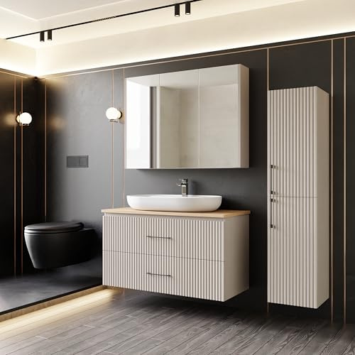 Badezimmermöbel Set Liana 100 Konsole Eiche | Keramikwaschbecken | Unterschrank | Spiegelschrank | Konsole | Waschbecken mit Unterschrank 100 cm | Softclose | Aufsatzwaschbecken | Konsolenwaschtisch