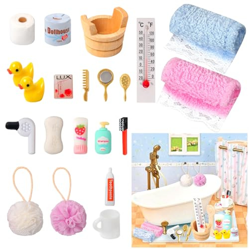 Wichtel Zubehör, 23Pcs Miniatur Wichtelzubehör Bade-Set für Wichtel Set und 1/12 Puppenhaus Zubehör, DIY Wichtel Badeset Badeutensilien mit Mini Zahnpasta Zahnbürste Badeschwamm Ente Klopapier Rollen