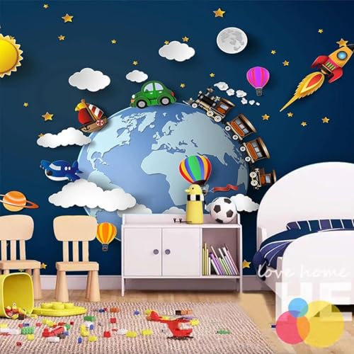 YueMingDi 3D Kreative Wohnzimmer Dekoration Karikatur Erde Auto Raumschiff Landschaft Schlafzimmer Wohnzimmer Moderne Wandaufkleber Tapete-150Cm×105Cm