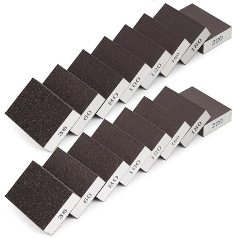 16 Stück Schleifschwamm, Schleifklötze, Handschleifer, 36/60/80/100/120/150/180/220 Körnung Schmirgelpapier Wiederverwendbar für Holz Metall Wandschaum Trockenbau