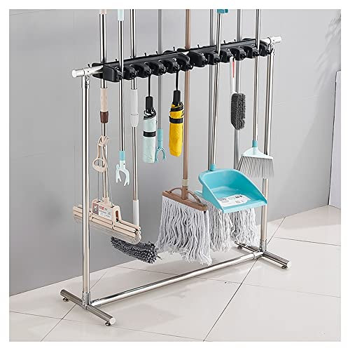 Soporte para fregona y escoba, montado en la pared con escurridor, suministros de limpieza móviles de grado comercial, nizer para garaje, escuelas, fábricas, almacenamiento de herramientas de jardín y