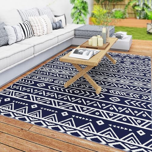 Outsunny Outdoor Teppich robuster Wetterfest Outdoorteppich, Carpet mit Boho-Style, Outdoor-Teppich für Wohnzimmer Balkon Garten Terrasse Bad Flur Küche, 182 x 274 cm Blau+Weiß