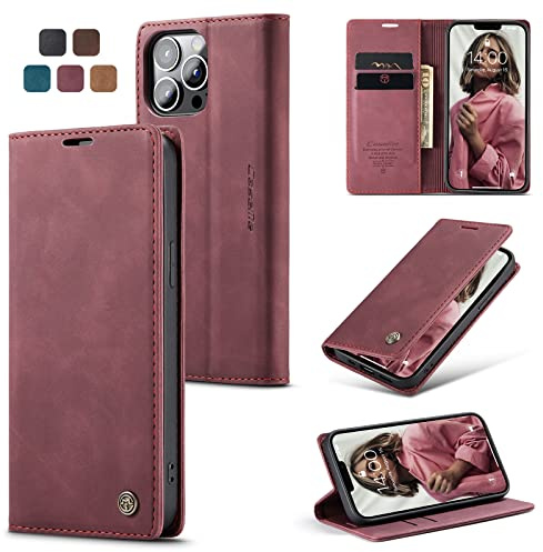 owlhold Handyhülle iPhone 13 Pro Max Hülle, Premium Lederhülle Weiches Vintage-Nubukleder Faltbare Ständer Schutzhülle Kartenfach Standfunktion stoßfest Klapphülle für iPhone 13 Pro MAX -Weinrot