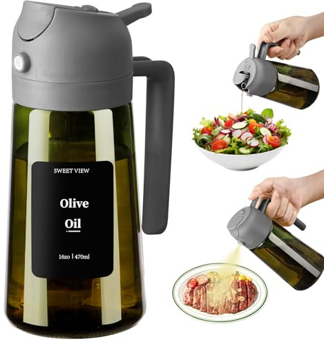 SWEET VIEW Olive Oil Dispenser and Sprayer – 16oz/470ml Glass Light-Proof Pour Bottle, Kitchen Gadgets Accessories for Air Fryer, Cooking, Salad, and BBQ with Stickers, Grey