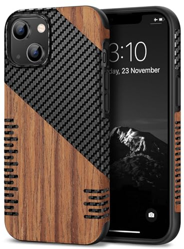 TENDLIN Coque Compatible avec iPhone 14 Etui Hybride en Bois et Carbone et Cuir Compatible avec iPhone 14 (Twill)