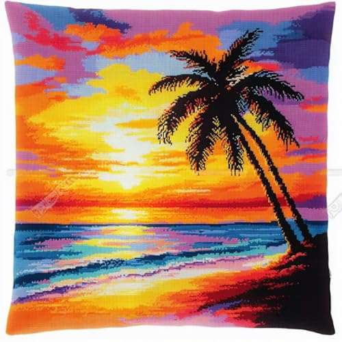 ANSIWEIGO Latch Hook Kit Knüpfkissen Set 43x43cm Sonnenuntergang mit Meerblick DIY Knüpfteppich Kissenbezug zum Selber Knüpfen für Erwachsene & Kinder Heimdeko Sofa Deko Wandkunst