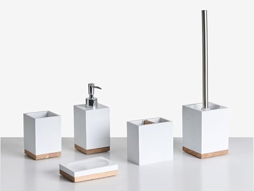 Badaccessoires Set 5-teilig Kunstharz weiß mit Holzdetails Bad-Zubehör Tapiche
