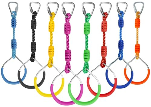 8 Colorful Ninja Ring Fitness Gymnastic Ring Outdoor Backyard Playground Training Equipment Play Set, Funny Jungle Gym Fist Hanging Swing Monkey Bars Ninja Warrior Obstacle Course Trapeze Accessories