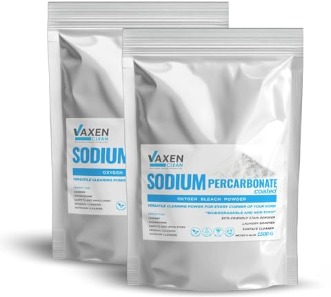 VAXEN Sodium Percarbonate Powder - 3kg - Coated, Oxygen Bleach Cleaning Powder, Multi-Purpose Stain Remover, 2 x 1500g