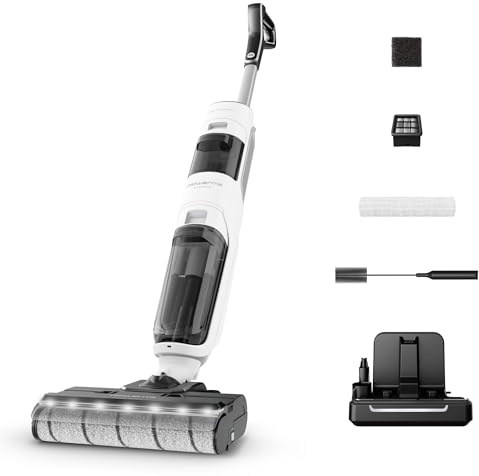 Rowenta X-Clean 5, Aspirateur Laveur sans Fil 2-en-1, Sec et Humide, Autonomie 50 min, Auto-Nettoyage, Séchage 60°C Anti-odeurs, Poids en main 1,1 kg, Eclairage LED, GZ5557EE, Blanc
