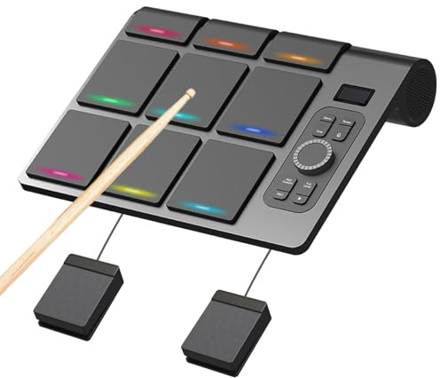 Schlagzeug Elektronisch, Schlagzeug Kinder Tragbares 9-Pad Digitales E Drum Set BT MIDI Verschiedene Audioverbindung LCD-Display Einstellbare Empfindlichkeit Elektrische Schlagzeug mit Drumsticks