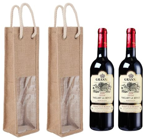 SAMSYOKI 2 Stück Jute Weinflaschen Tasche Weinbeutel mit Fenster & Griff | Tragbare Sackleinen Wein Geschenktüten Wein Geschenktasche Weintragetaschen Für Hochzeit Geburtstag Weihnachten Party
