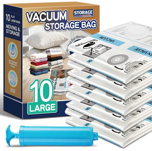 STORAGE MASTER Vacuum Storage Bags, Space Saver Bags 80% More Storage Space, With Hand Pump (10, Large)