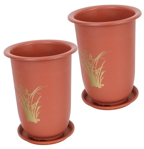 CLISPEED 2 Ensembles Lot de Pots à Orchidées Plastique avec Plateau Jardinières Intérieures Respirantes et Durables pour Fleurs Pots Arrondis Imitation Terre Cuite Convient pour Orchidées
