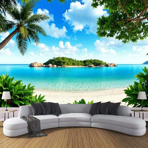 ZISTRCBAO Fotomurales Playa De Arena Cocoteros Pequeña Isla 300x210cm, Papel Tapiz Fotográfico Seda Paisaje De Playa Tropical, Azul Decoración De Pared Sala Cuarto Oficina Salón