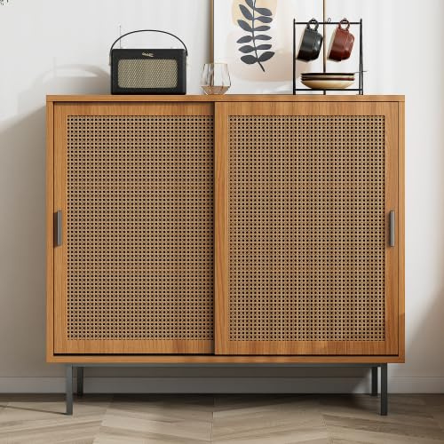 Merax Credenza - Cassettiera stabile con ante scorrevoli in rattan, portata 50 kg, noce, 100 cm, pratico armadietto per soggiorno o cucina