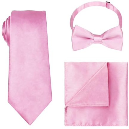 3-Piece Set Of Rose Satin Tie, 5 Cm Tie, Satin Handkerchief, Rose Bow, Suitable For Weddings, Business Meetings, Banquets (Pink).