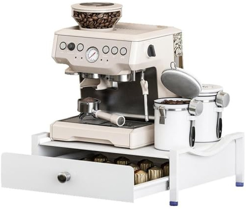 NiuLumea Porta-caffè per macchina a capsule con cassetto scorrevole, organizer in metallo per capsule e accessori, design salvaspazio da appoggio, 425 x 32 x 11 cm