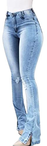 Smala jeans kvinnor, utsvängda jeans hög höjd, push-up rumplyft smal passform byxor magisk formande stretchbyxor med fickor trendig look rippad delad fåll denimbyxor damer denimbyxor, Ljusblått, S