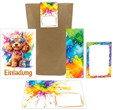 JuNa-Experten 8 Einladungskarten zum Kindergeburtstag Jungen Mädchen Kinder Tiere Hund bunte Einladungen Geburtstag incl. 8 Umschläge, 8 Tüten/natur, 8 Aufkleber, 8 Lesezeichen, 8 Schiffe versenken