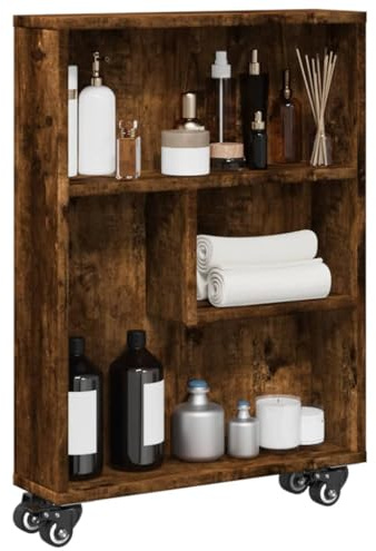 YuuSsea Aufbewahrungswagen Schmal Räuchereiche 48x13x68cm, Holzwerkstoff Rollwagen mit 4 Rädern, Vielseitiger Küchenwagen, Badregal, Büroregal, Bücherregal für Zuhause