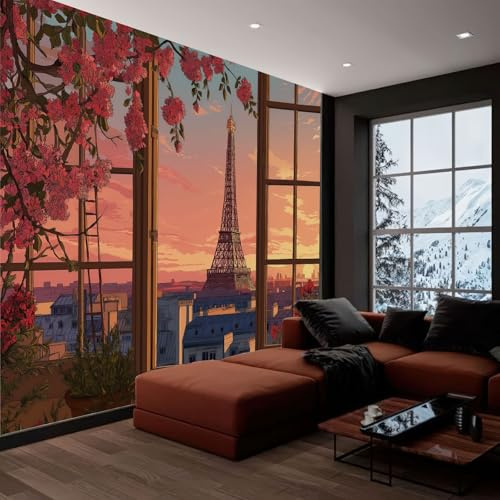 Generico Carta Da Parati Fotomurale Anime Parigi Torre Eiffel Floreale, Carta da Parati Panoramica Decorativa Rosa - per Soggiorno Corridoio Ufficio 350 x 256 cm (L x A)