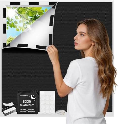 Blackout Blinds Stick On 300x145cm, 100% Blackout Curtain for Window, 420D No Drill Temporary Black Out Blinds, Cut to Any Size, Portable Travel Blind for Bedroom, Nursery, Rental, Skylight