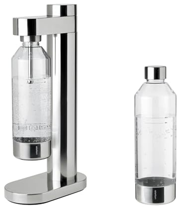 Stelton Brus Wassersprudler Edelstahl, Wassersprudler mit Flasche + 1 Extra Flasche, Manueller Soda Maker, Kompatibel mit 425 g CO₂-Zylinder, Skandinavisches Design