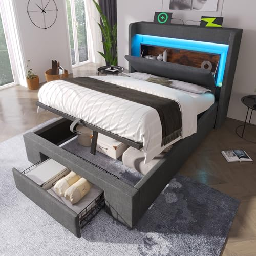 vutizal Cama tapizada de 90 x 200 cm con almacenamiento hidráulico, iluminación LED, estación de carga USB-C, lino gris, somier de listones de madera