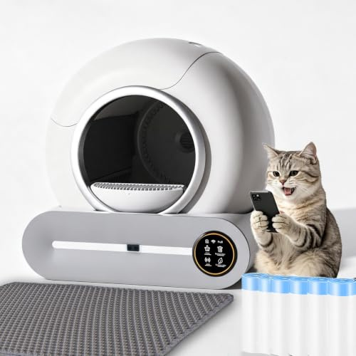 DillyRab Lettiera Autopulente Per Gatti xxl 74L con Deodorante Ionico | Smart Health Monitor, Comando APP con tappetino e 6 Rotoli Sacchetti, 2 Filtri
