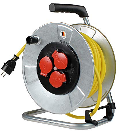 as - Schwabe enrollacables con cable de 25 m - 3 tomas con tapas de protección - Protegido frente a salpicaduras de agua IP44 - Protección contra sobrecalentamiento - Carrete Made in Germany, 10343