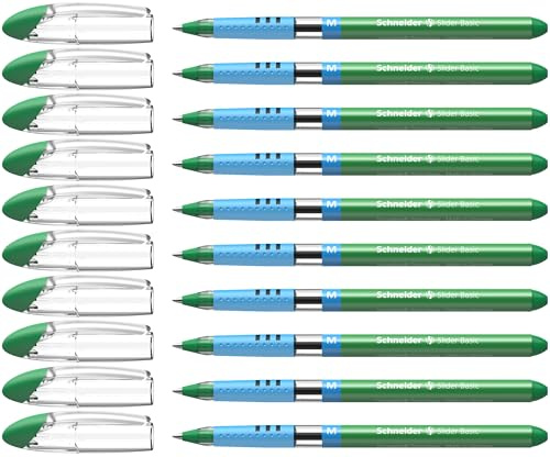 Schneider 151104 Slider Basic Kugelschreiber (Kappenmodell mit Soft-Grip-Zone und der Strichstärke M=Mittelstrich) 10er Packung, grün