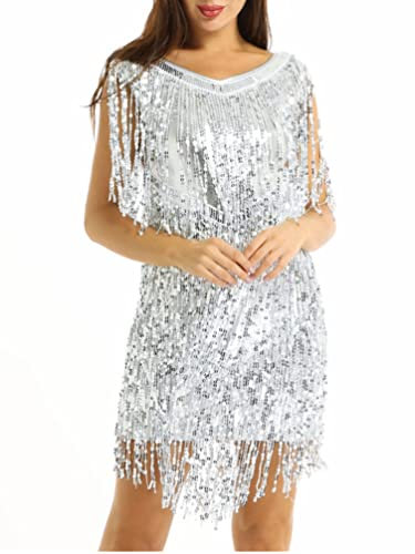 YiZYiF Damen Pailletten Tanzkleid Quasten Rumba Tango Latein Kleid Glitzer Party Cocktail Abendkleid Ballroon Performance Dancewear Silber XX-Large