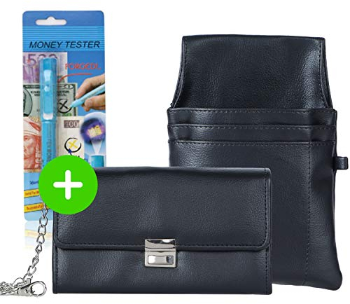 Aktion robuste Kellnerbörse Taxi Geldbörse inkl. Geldtester - Kellnerportemonnaie Set Börse mit Halfter, Kette und Money Tester - Kellnertasche Geldbörse für Kellner Portemonnaie, Farbe: schwarz