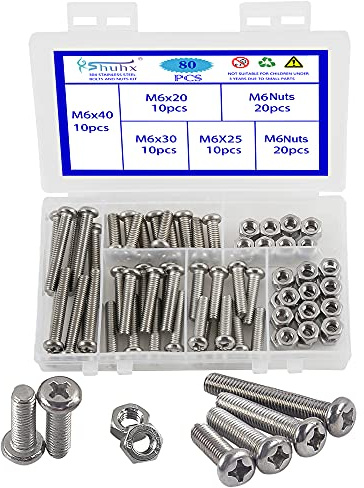 Rshuhx 80PCS M6 Schrauben und Muttern Set 304 Edelstahl Linsenkopfschraube Kreuz Runder Kopf Mechanische Schraube Pan Head Bolzen Maschinenschrauben mit Aufbewahrung Box