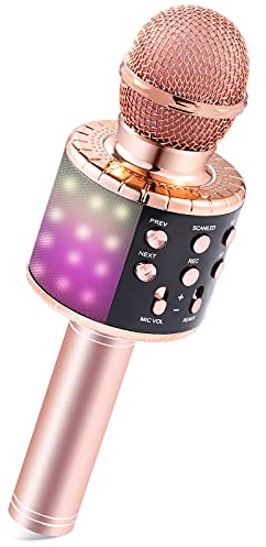Fede Microphone Karaoké sans Fil Bluetooth avec Lumière LED Multi Couleur, Micro à Main Portable Haut-Parleur pour Enfants/Adultes Chanter, Compatible avec Android/iOS/PC/Smartphone