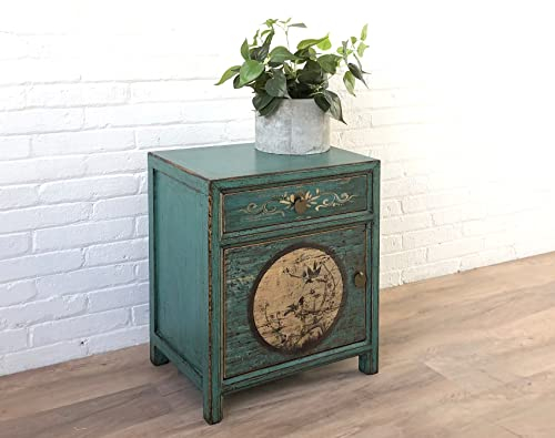 OPIUM OUTLET Chinesischer Nachttisch asiatischer Kleiner Nacht-Schrank Konsole orientalische Schlafzimmer-Kommode Shabby-chic smaragd-grün