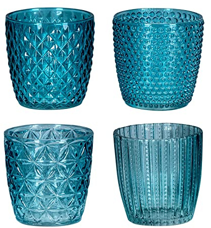 Levandeo Uppsättning av 4 lyktlampor H 7,5 cm glas turkos värmeljushållare bordsdekoration ljus retro dekoration ljus transparent ljushållare bordsdekoration