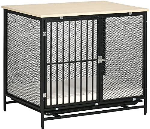 PawHut Hundekäfig für Zuhause, Abschließbar Hundehütte mit Kissen, Hundebox mit Paletten, Hundehaus für mittelgroße Hunde unter 20 kg, Eiche, 88 x 55 x 71 cm