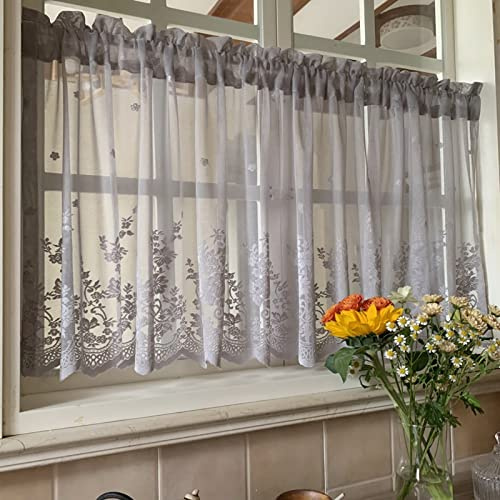 A.Monamour Gardine Scheibengardinen Kurzstores Transparenter Voile Vorhang mit Floraler Spitzen Stickerei Grau Kurzvorhang Kurzgardinen Küchengardine Küche Vorhang Kurz Stores Bistrogardine