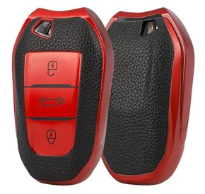 ontto Schlüsselhülle Autoschlüssel Hülle Passt für Peugeot 308 408 508 2008 3008 4008 5008 Citroen C4L C6 C3-XR Picasso DS3 DS4 TPU Silikon Schlüsseletui Schutzhülle Schlüsselanhänger-Leder Rot