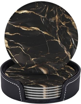 Untersetzer aus Marmor-Leder, rund, für Zuhause und Küche, 9,9 cm, Schwarz / Gold, 6 Stück
