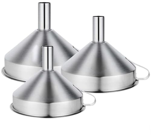 3 Sizes 10.4cm 12.4cm 14.4cm Stainless Steel Funnel, Kitchen Strainer Funnel Filter Set Wide Mouth Canning Funnels with Handle for Transferring Liquid, Fluid, Cooking Oil