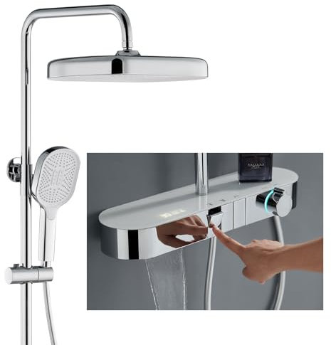 BEITH Thermostatic Shower System, 360x250mm Modern Luxurious Shower Head Set, Piano Key, Digital Display, Waterfall Bath Faucet, Rain Shower Faucet Sets Complete and Handheld, 59A Full Copper Valve