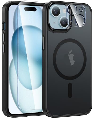 FNTCASE für iPhone 15 Hülle Magnetische: iPhone 14 Handyhülle Translucent Matte Militär Fallschutz Anti Vergilbung Handyhülle - Robuste langlebige Stoßfeste Dünne Schutzhülle Schwarz