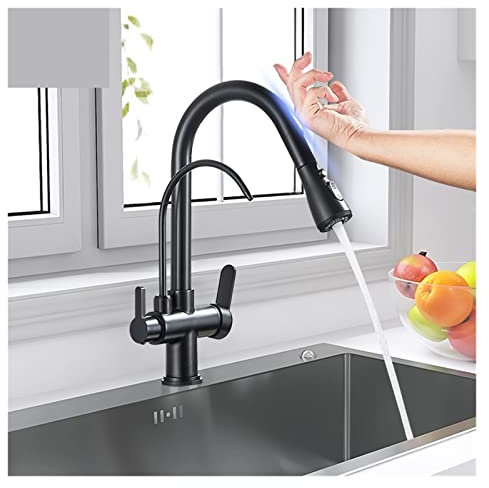Küchenarmaturen, mattschwarz, Touch-Küchenarmatur mit reiner Wasserfunktion, Doppelgriff-Wasserhahn, Deckmontage, 360-Grad-Drehung, herausziehbare Heiß-Kalt-Mischbatterien, herausziehbarer Wasserhahn