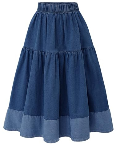 Jupe en Jean Midi Longue Pour Femme - Coupe A Taille Haute - Bleu Décontracté - Portefeuille Patchwork - Style Loisirs