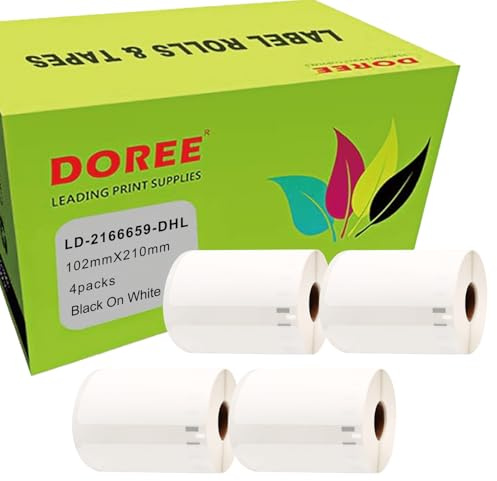 DOREE 4 Rollen 2166659 DHL Versandetiketten, Kompatibel mit Dymo 2166659 Etiketten, 102 mm x 210 mm, Schwarz auf Weiß, für Dymo LabelWriter 4XL Serie(140 Etiketten pro Rolle)