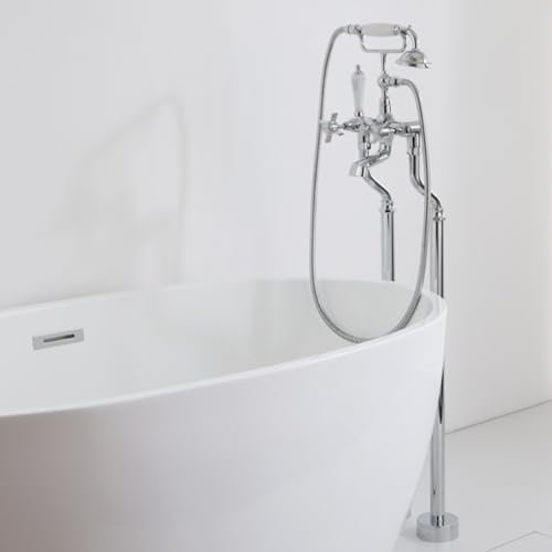 Shower Head Freistehende Wasserhähne für die Badewanne, Bodenmontage, Warm- und Kaltwasser-Doppelauslauf, Messing, Doppelgriff, freistehende Badewannen-Mischbatterien mit Dusche, Chrom Shower