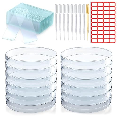15 x Kunststoff-Petrischalen mit Deckel, Sterilisierte Petrischale, Petrischale Transparent mit 10 Plastik Tropfer 3ml und 10 Aufkleber und 50 objektträger mikroskop, für Laborkultur Bakterienhefe